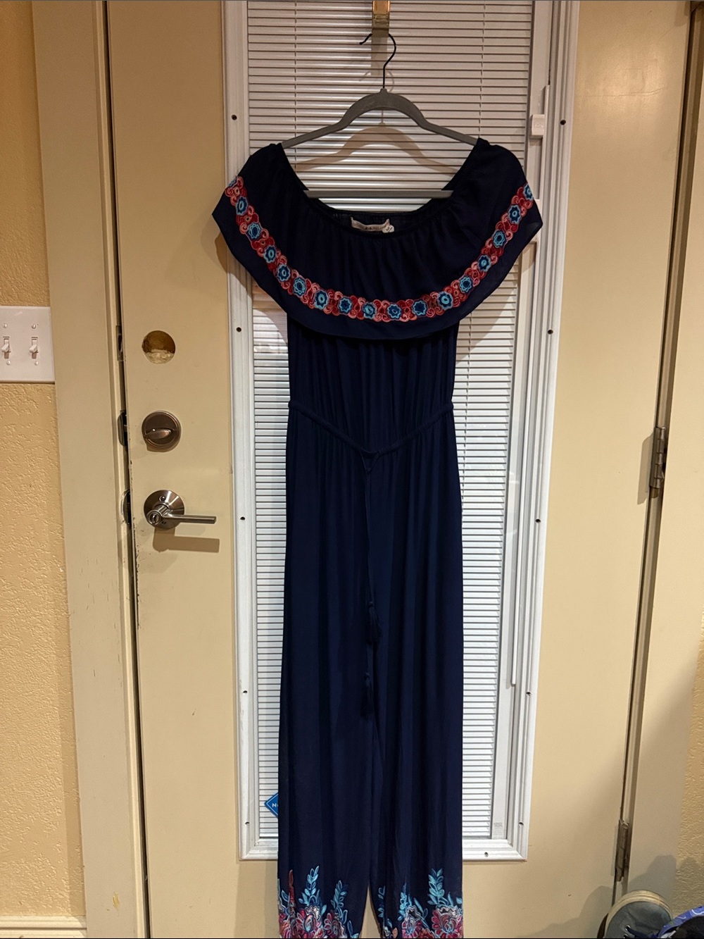 Chelsea & Violet Navy Off-Shoulder Embroidered Jumpsuit